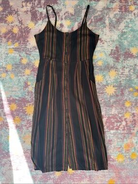 RVCA Black Button Down Midi Dress with Multicolor Vertical Stripes